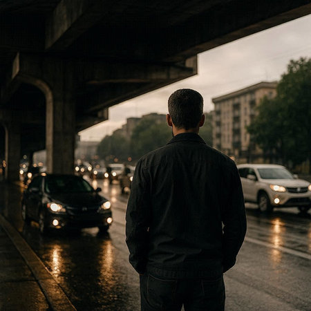 Back view of a man standing under a bridge in the rain.
