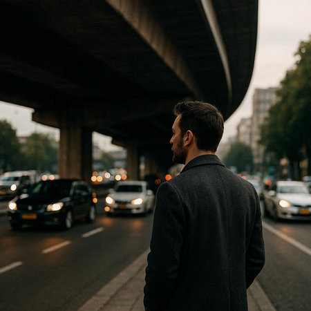 Back view of a young man in a suit walking down the streetの写真素材