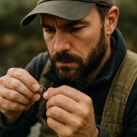 Close-up portrait of a bearded fisherman with a fishing rod.