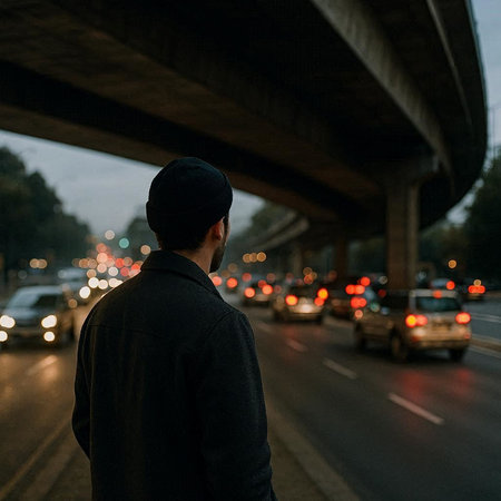 Young man in a black coat and a hat standing under the bridge on the street at night.