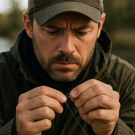Fisherman with a fishing rod in his hands. Close-up.