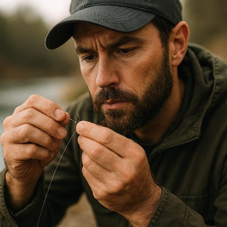 Fisherman fishing with a fishing rod on the river bank.