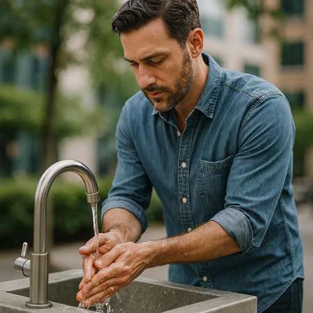 Handsome man washing his hands in the street faucet