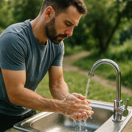 Handsome man washing his hands with soap in the kitchen sink