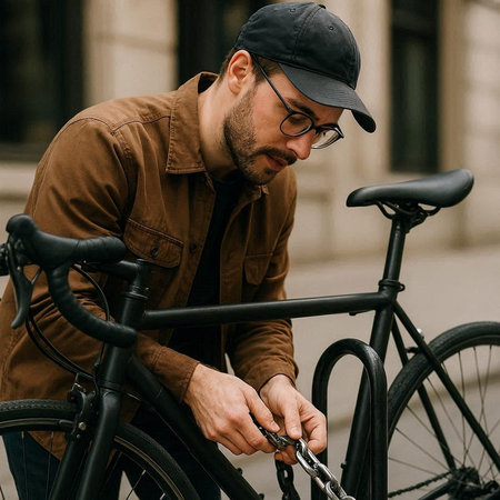 handsome young man in eyeglasses holding chain and fixing bicycle in city