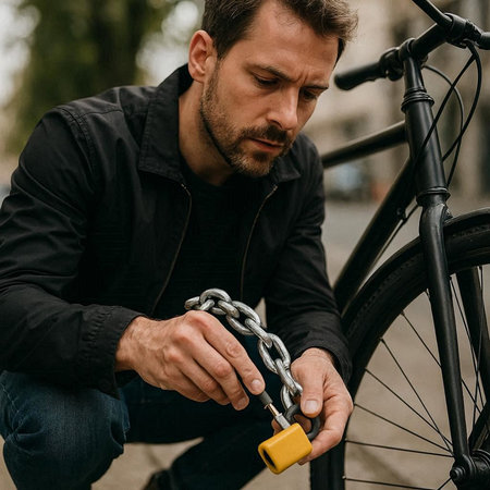 Handsome young man using chain and padlock to secure his bicycleの写真素材