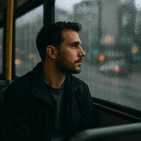 Handsome young man in a black jacket sitting on a bus and looking at the rain