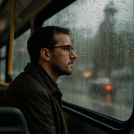Side view of handsome young man in eyeglasses looking through the raindrops on the window of a bus.の写真素材