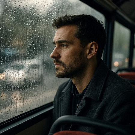 Portrait of a handsome man in a bus. Rainy day.の写真素材