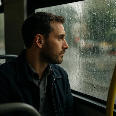 Side view of serious man looking away while sitting on bus seat at rainy day