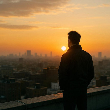 Silhouette of a businessman looking at the sunset over the cityの写真素材