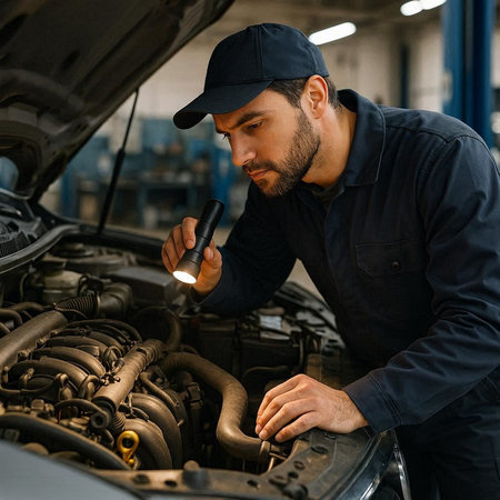 Handsome car mechanic working in auto repair shop. Handsome young man in uniform repairing car.