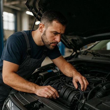 Portrait of a car mechanic repairing a car in auto repair shop.の写真素材