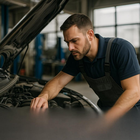 young auto mechanic repairing car in auto repair shop, focus on man