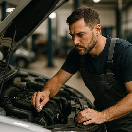 Handsome mechanic working in auto repair shop. Handsome man repairing car.