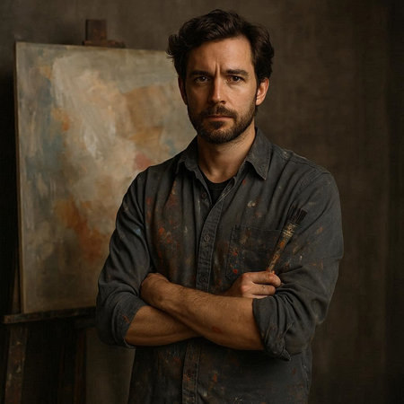 Portrait of a handsome young man with a beard and mustache in a denim shirt on a dark backgroundの写真素材
