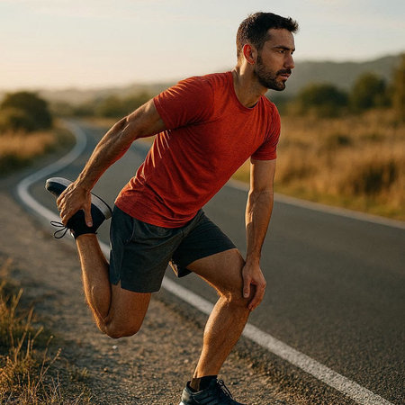 Athletic man running on the road in the morning.の写真素材