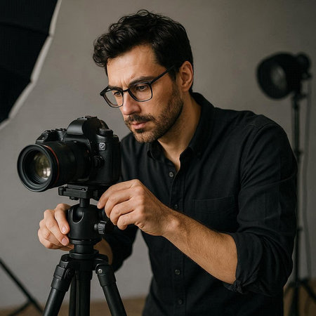 Handsome young man in a black shirt and eyeglasses holding a camera on a tripod