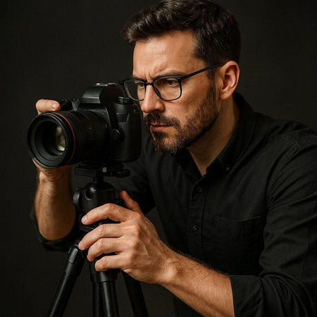 Handsome man with beard and mustache in black shirt and eyeglasses holding professional camera on...