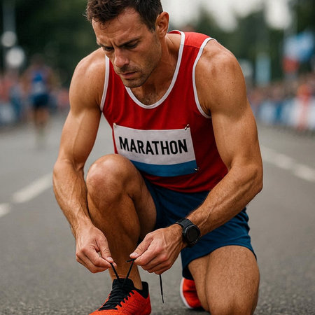 Running athlete tying shoelaces on running shoes at the marathon.の写真素材