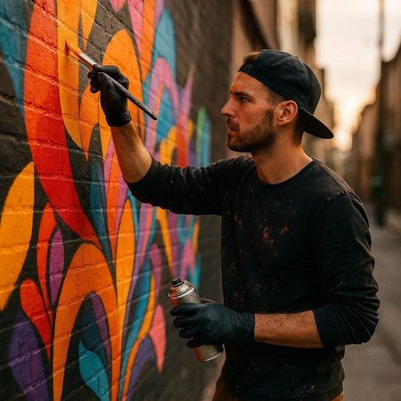 A young graffiti artist paints graffiti on a wall in the city.の写真素材