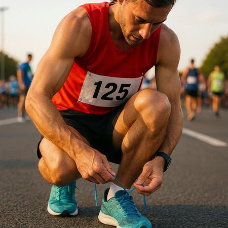 Athlete tying shoelaces on running race. Male runner tying shoelaces.