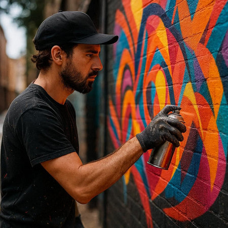 Young bearded graffiti artist in a cap and black t-shirt is spraying graffiti on the wall.の写真素材