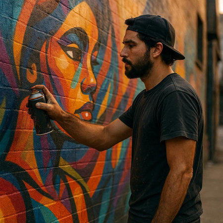 A young graffiti artist in a cap and t-shirt paints graffiti on a wall in the city.
