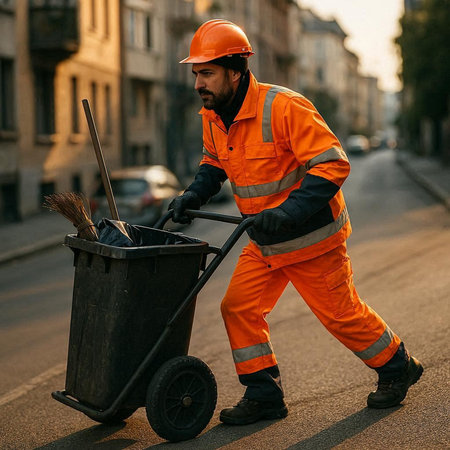 Portrait of a man in orange uniform with a bucket of garbage on the street