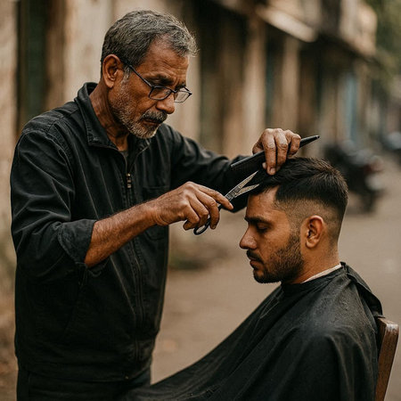 Barber cuts the hair of a man in a barbershop.