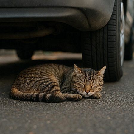 Cute tabby cat sleeping on the asphalt under the car.