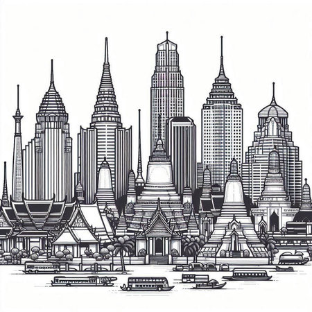 Thailand cityscape. Vector illustration in hand drawn style. Travel concept.の写真素材