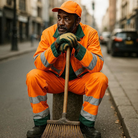 Handsome african american janitor sweeping street with broom