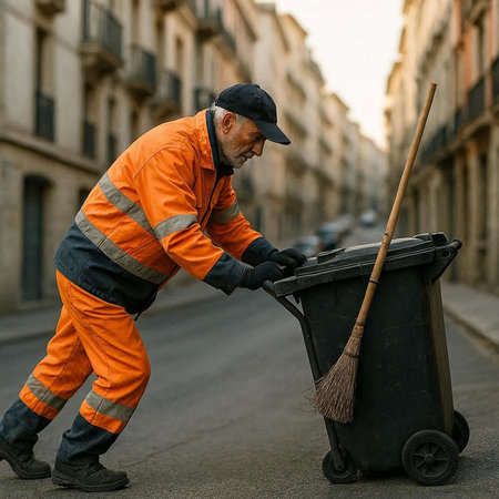 Street sweeper cleaning the streets of Paris with a broom and dustbinの写真素材