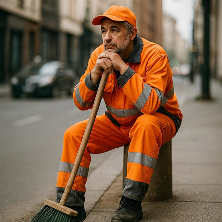 Homeless man in uniform cleaning street with broom and looking at camera