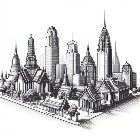 Thailand Bangkok city with skyscrapers. Hand drawn vector illustrationの写真素材