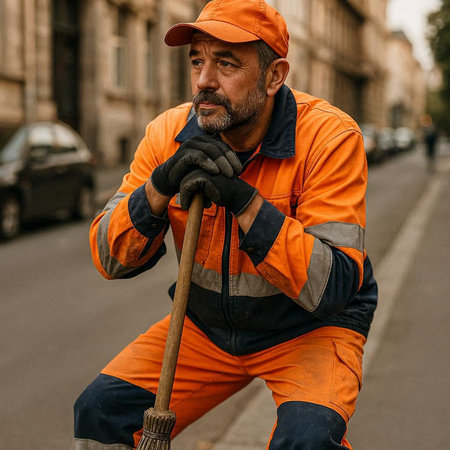 street sweeper in orange uniform and gloves cleans the street with a broom