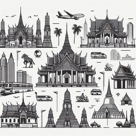 Thailand travel hand drawn doodle collection. Vector illustration.の写真素材