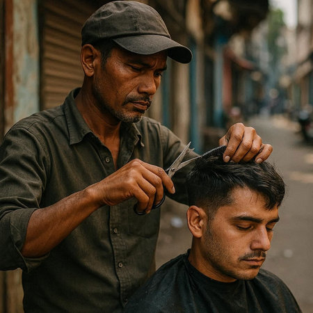 Barber cuts the hair of a young man in the street.