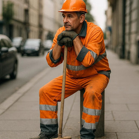 Portrait of a worker in orange overalls and helmet with a shovel on the streetの写真素材