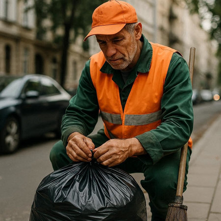 Elderly man cleaning the streets of the city with a broom