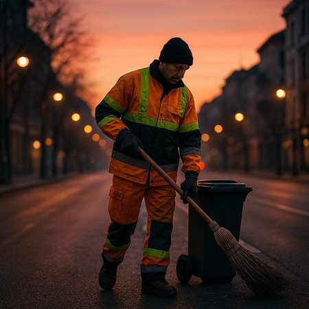 A worker cleans the city street with a broom and dustbin.の写真素材