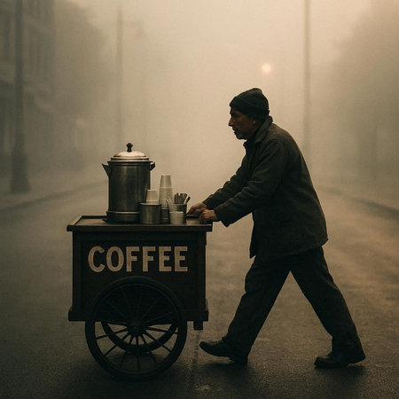 Coffee seller in the foggy city street. Street food concept.