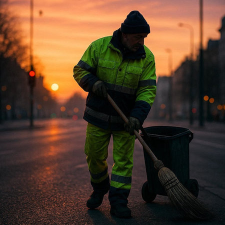 A street sweeper cleans the city street with a broom at sunset