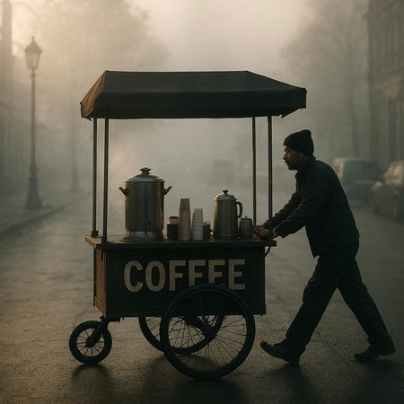 Coffee street vendor in the misty foggy morning.の写真素材