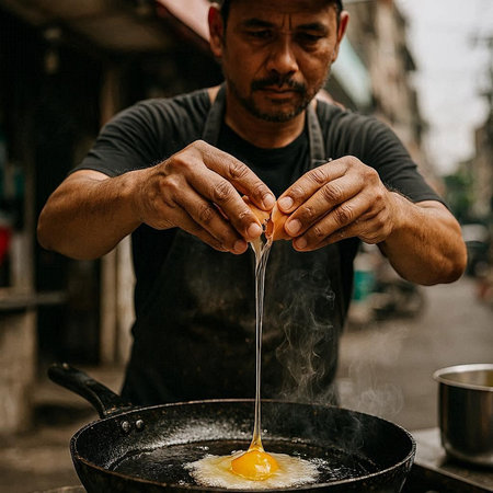 Hands of Asian man making fried egg in a frying pan.の写真素材
