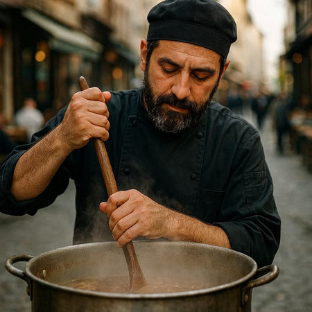Portrait of a bearded man cooking soup in a pot on the streetの写真素材
