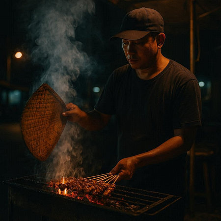 Asian man cooking shish kebab on a barbecue grill at nightの写真素材