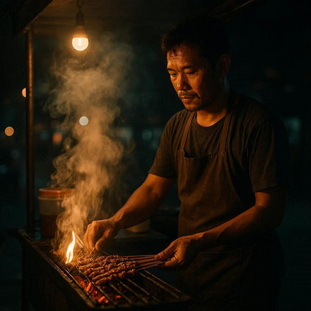Asian man cooking sausages on the barbecue grill at night.の写真素材