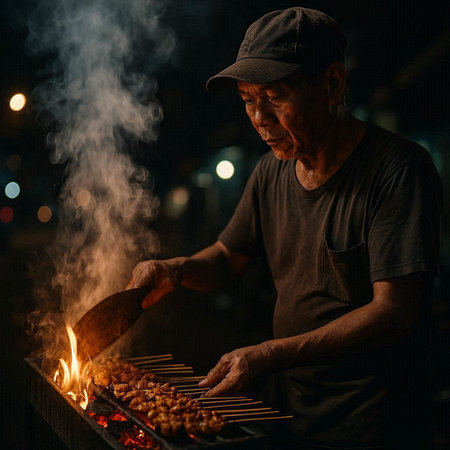 Asian old man cooking shish kebab on grill at night.